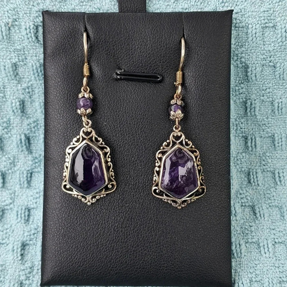 Natural Amethyst Dangle Earrings In Sterling Silver. - Picture 1 of 5